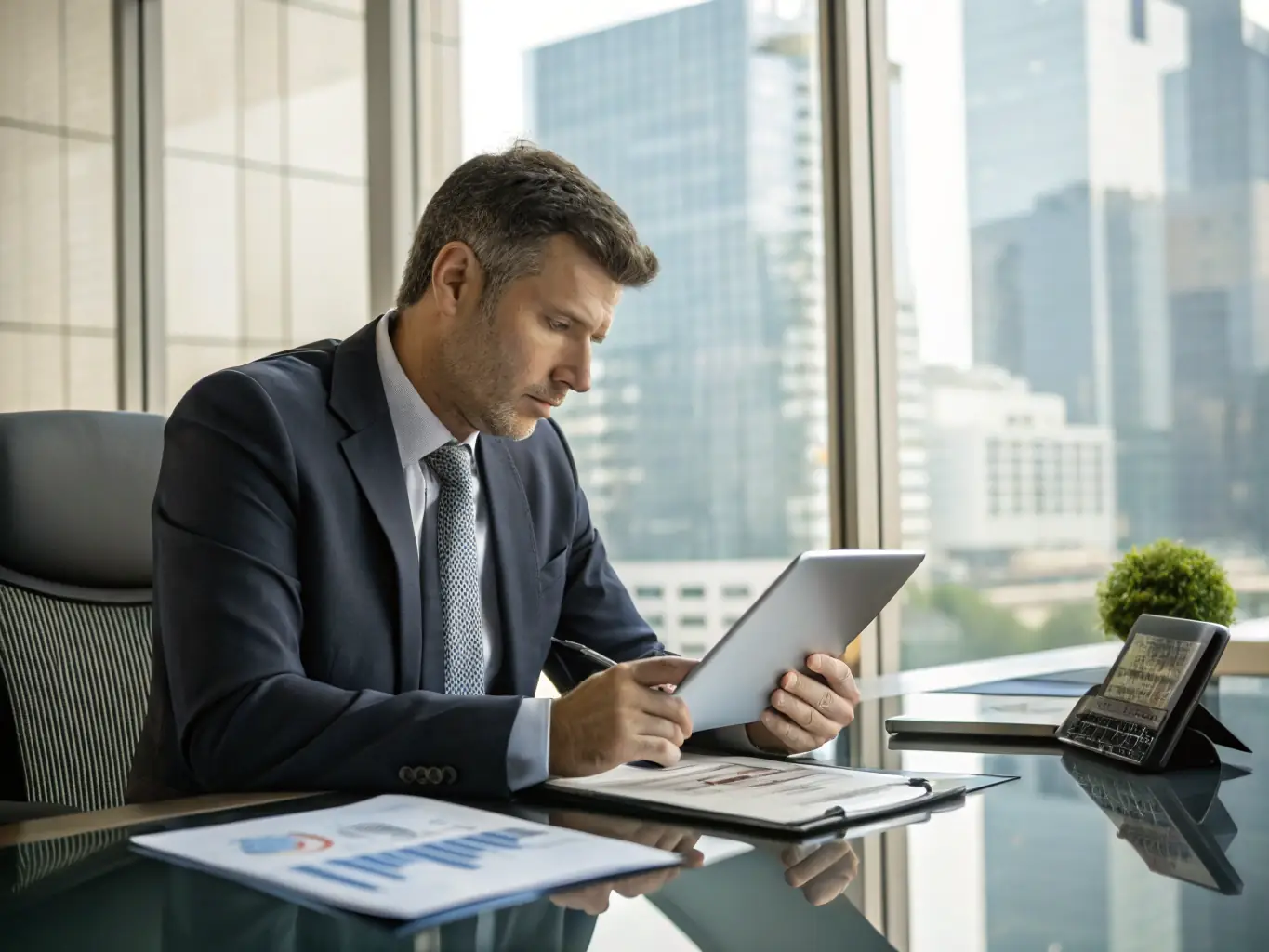 A person reviewing financial documents with a calculator and pen, set against the backdrop of a South African cityscape, symbolizing careful financial planning.